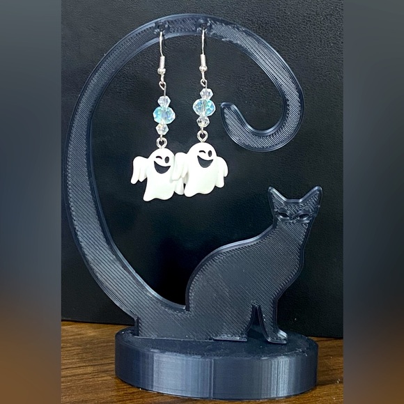 Hand Crafted Jewelry - Hand Crafted Halloween Winking Ghost Earrings W/ Sparkly Iridescent Beads